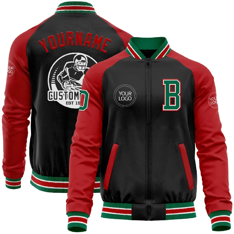 Practical Utility Work Jacket for Professional Use-Custom Black Kelly Green-Red Bomber Varsity Letterman Two Tone Zipper Jacket