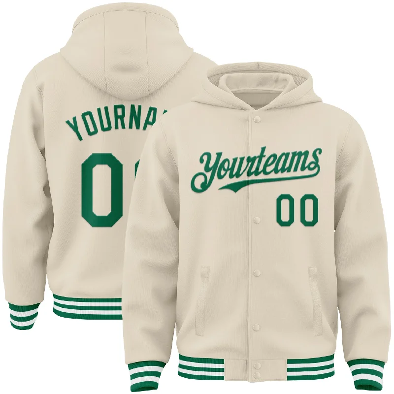 Warm Hooded Jacket for Outdoor Adventures-Custom Cream Kelly Green-White Bomber Full-Snap Varsity Letterman Hoodie Jacket