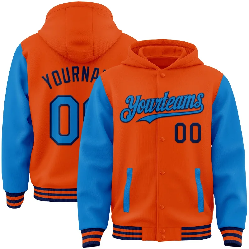 Hoodie with Logo for Brand-Loyal Fashion-Custom Orange Powder Blue-Navy Bomber Full-Snap Varsity Letterman Two Tone Hoodie Jacket