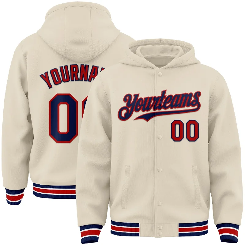 Soft Knit Hoodie for Lightweight Warmth-Custom Cream Navy Red-White Bomber Full-Snap Varsity Letterman Hoodie Jacket