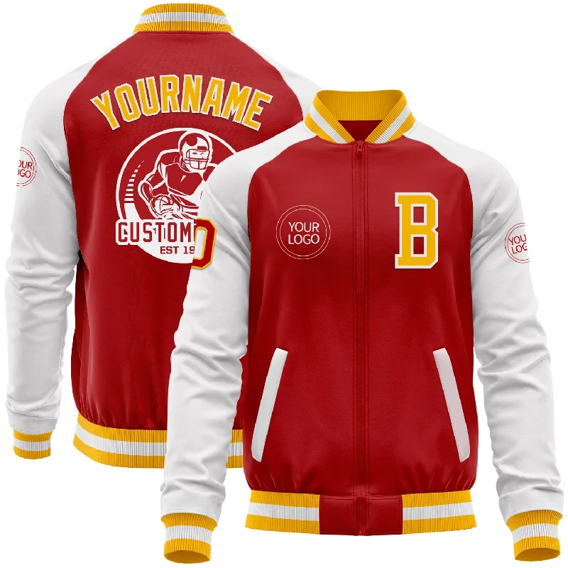 Soft Shell Jacket for Outdoor Adventures-Custom Red Gold-White Bomber Varsity Letterman Two Tone Zipper Jacket