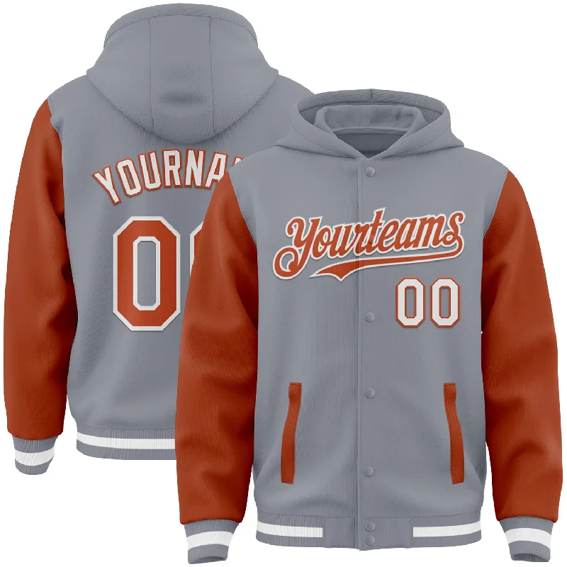 Hoodie with Logo for Brand-Loyal Fashion-Custom Gray Texas Orange-White Bomber Full-Snap Varsity Letterman Two Tone Hoodie Jacket