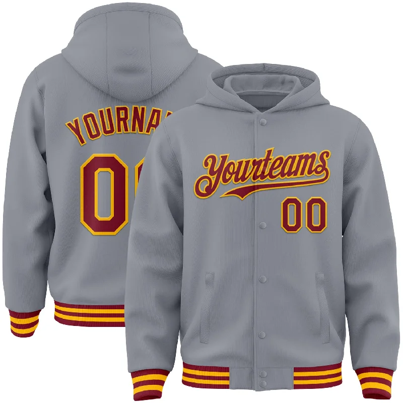 Warm Hooded Jacket for Outdoor Adventures-Custom Gray Crimson-Gold Bomber Full-Snap Varsity Letterman Hoodie Jacket