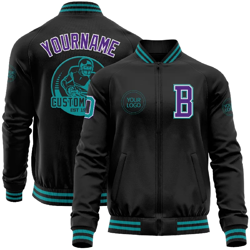 Wool Blend Coat Jacket for Professional Appeal-Custom Black Teal-Purple Bomber Varsity Letterman Zipper Jacket