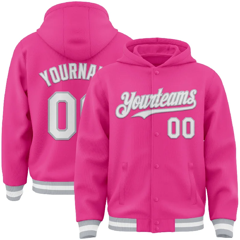 Unisex Hooded Sweatshirt for Casual Comfort-Custom Pink White-Gray Bomber Full-Snap Varsity Letterman Hoodie Jacket