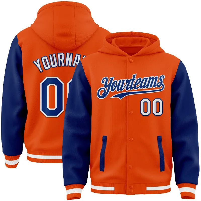 Versatile Hoodie for Sports and Leisure-Custom Orange Royal-White Bomber Full-Snap Varsity Letterman Two Tone Hoodie Jacket