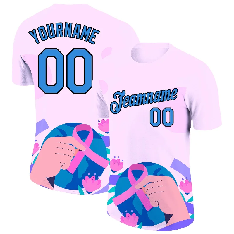 Sporty Performance T-Shirt for Running and Workouts-Custom Light Pink Powder Blue-Black 3D Pink Ribbon Breast Cancer Performance T-Shirt