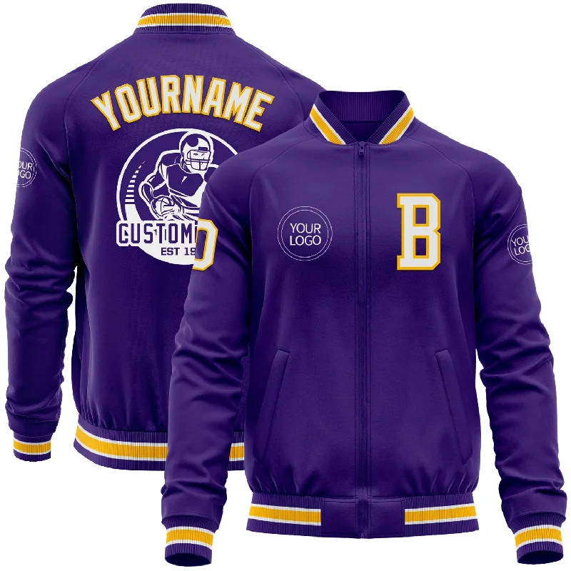 Easy Layering Jacket for Stylish Looks-Custom Purple White-Gold Bomber Varsity Letterman Zipper Jacket