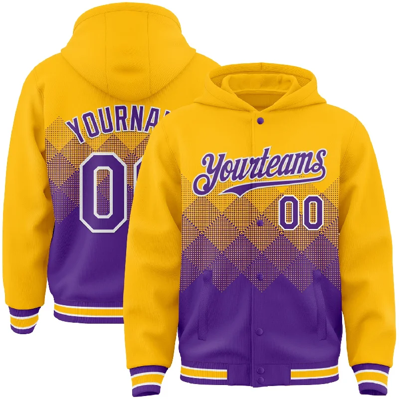 Classic Crewneck Hoodie for Timeless Style-Custom Gold Purple-White Gradient Square Shape 3D Pattern Design Bomber Full-Snap Varsity Letterman Hoodie Jacket