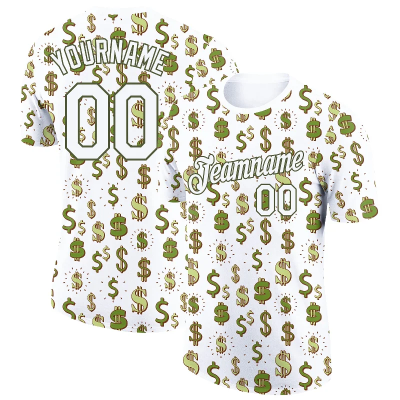 Nature-Inspired T-Shirt for Outdoor Lovers-Custom White Olive 3D Pattern Design Dollar Sign Money Theme Performance T-Shirt