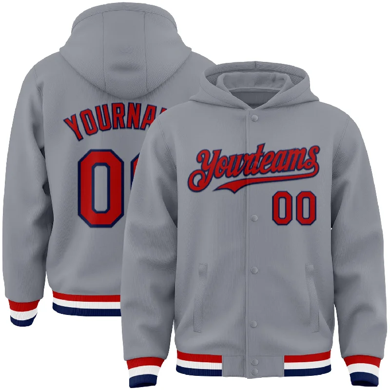 Warm Sherpa-Lined Hoodie for Ultimate Comfort-Custom Gray Red-Navy Bomber Full-Snap Varsity Letterman Hoodie Jacket