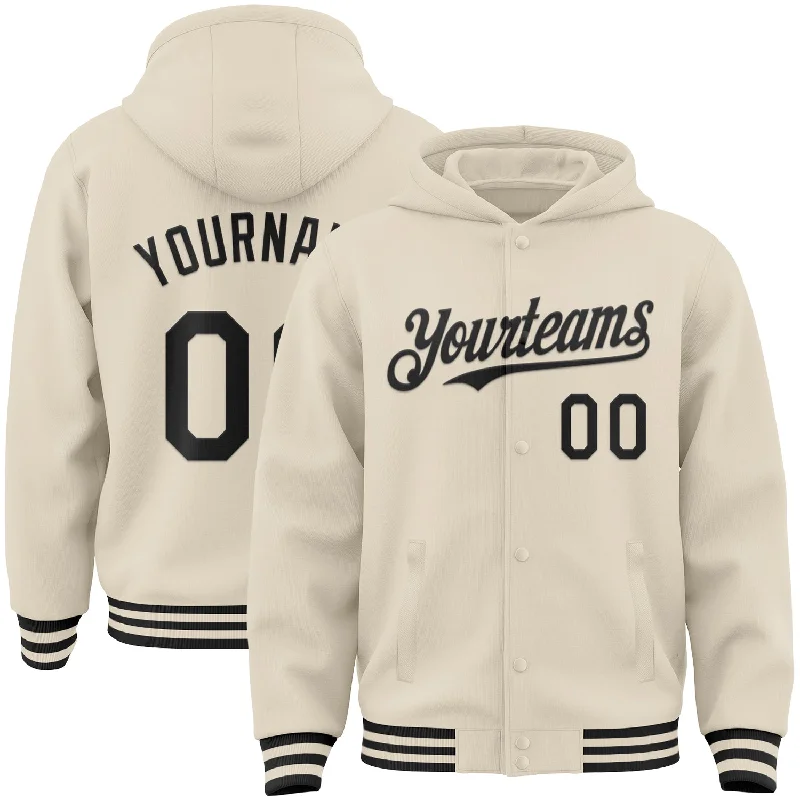 Elegant Hooded Sweatshirt for Classy Casual Wear-Custom Cream Black Bomber Full-Snap Varsity Letterman Hoodie Jacket