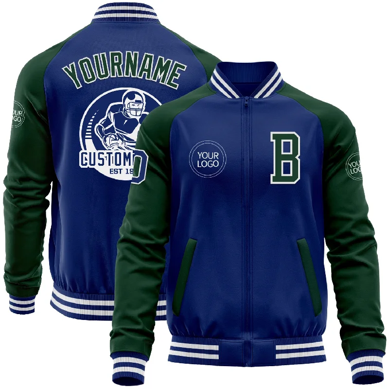 Classic Cotton Jacket for Everyday Use-Custom Royal Green-White Bomber Varsity Letterman Two Tone Zipper Jacket