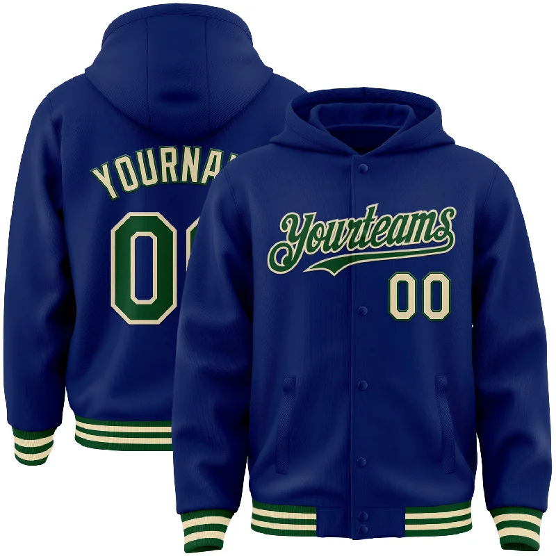 Fashionable Cropped Hoodie for Trendy Outfits-Custom Royal Green-Cream Bomber Full-Snap Varsity Letterman Hoodie Jacket