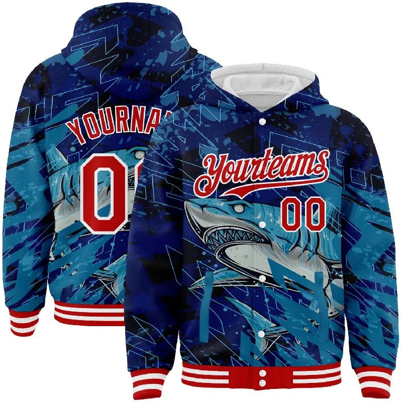 Athletic Hooded Sweatshirt for Gym Workouts-Custom Royal Red-White Marlin Fish Fishing 3D Bomber Full-Snap Varsity Letterman Hoodie Jacket