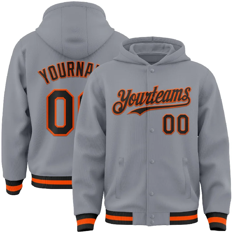 Lightweight Hoodie for Spring and Fall-Custom Gray Black-Orange Bomber Full-Snap Varsity Letterman Hoodie Jacket