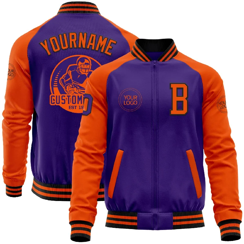 Waterproof Rain Jacket for Wet Conditions-Custom Purple Orange-Black Bomber Varsity Letterman Two Tone Zipper Jacket