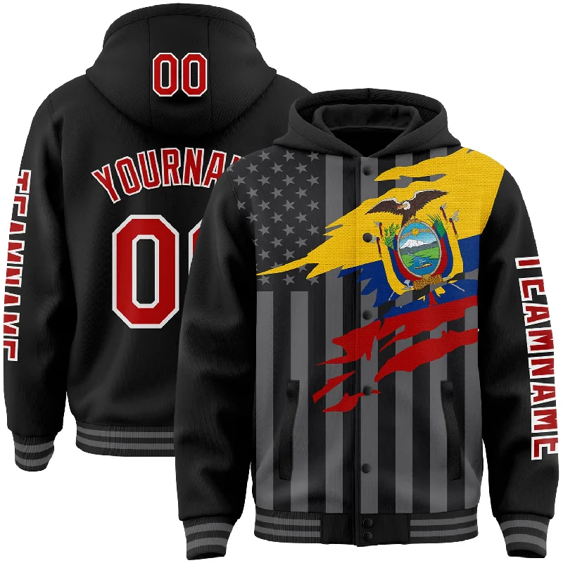 Personalized Hoodie for Custom Style-Custom Black Red-Gray Ecuador Ecuadorian Flag 3D Bomber Full-Snap Varsity Letterman Hoodie Jacket