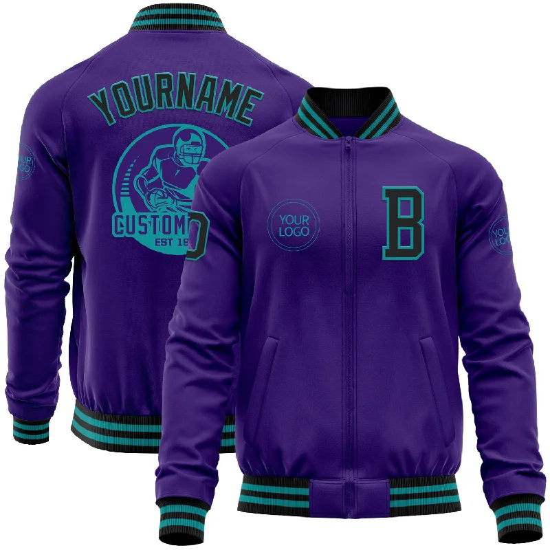 Athletic Zip-Up Jacket for Workout Gear-Custom Purple Black-Teal Bomber Varsity Letterman Zipper Jacket