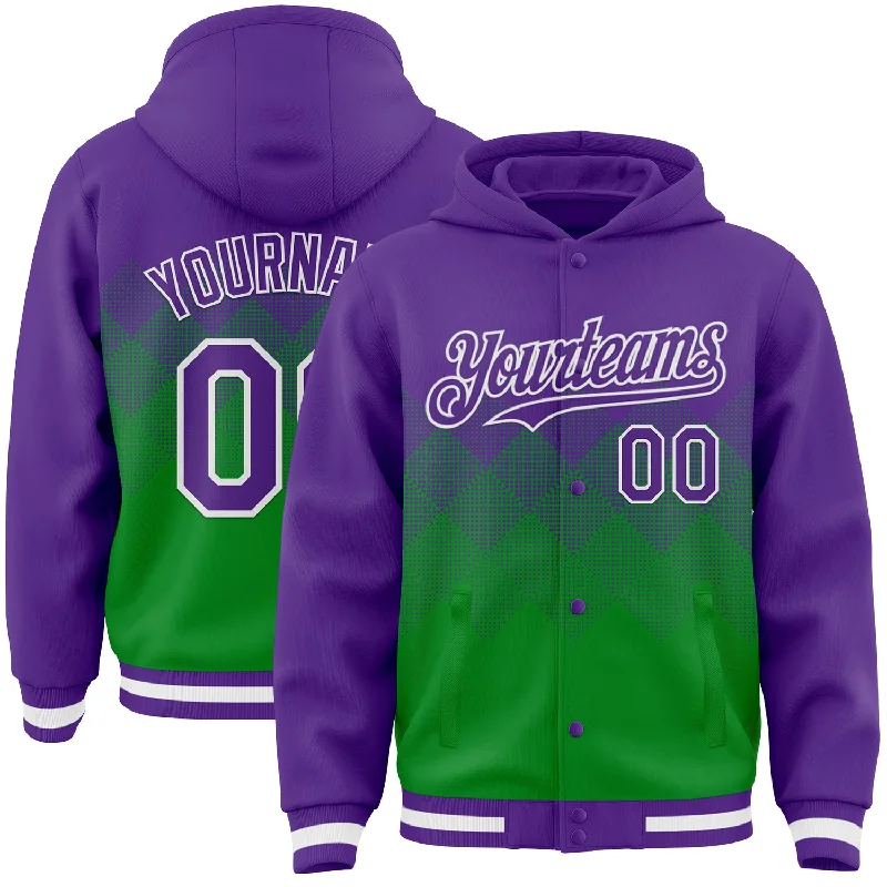 Trendy Tie-Dye Pullover Hoodie for Unique Look-Custom Purple Grass Green-White Gradient Square Shape 3D Pattern Design Bomber Full-Snap Varsity Letterman Hoodie Jacket