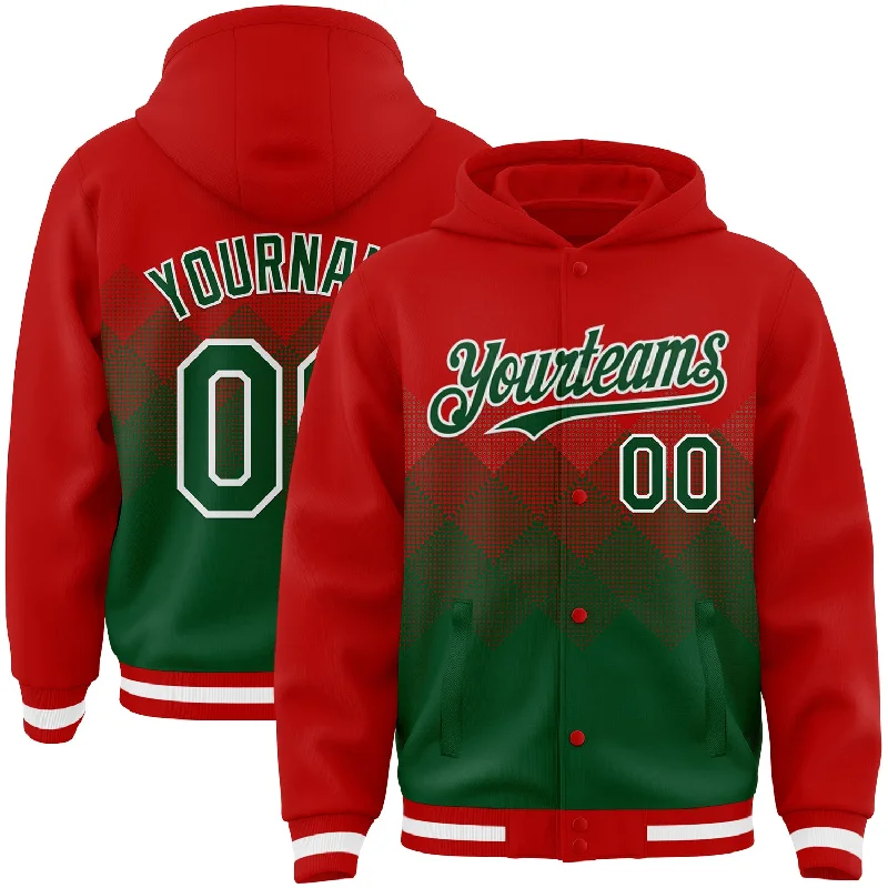 Eco-Conscious Hoodie for Sustainable Fashion-Custom Red Green-White Gradient Square Shape 3D Pattern Design Bomber Full-Snap Varsity Letterman Hoodie Jacket