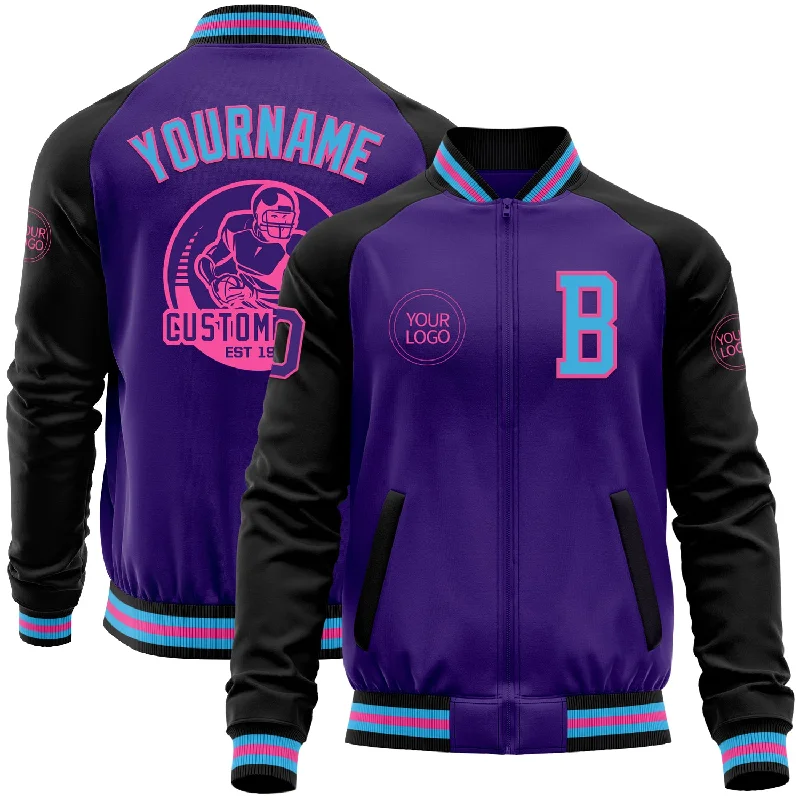 Trendy Hooded Jacket for Casual Fashion-Custom Purple Sky Blue Pink-Black Bomber Varsity Letterman Two Tone Zipper Jacket