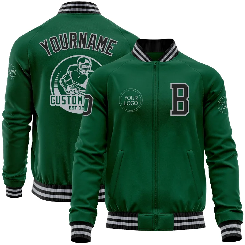 Water-Resistant Outdoor Jacket for Hikers-Custom Kelly Green Black-Gray Bomber Varsity Letterman Zipper Jacket