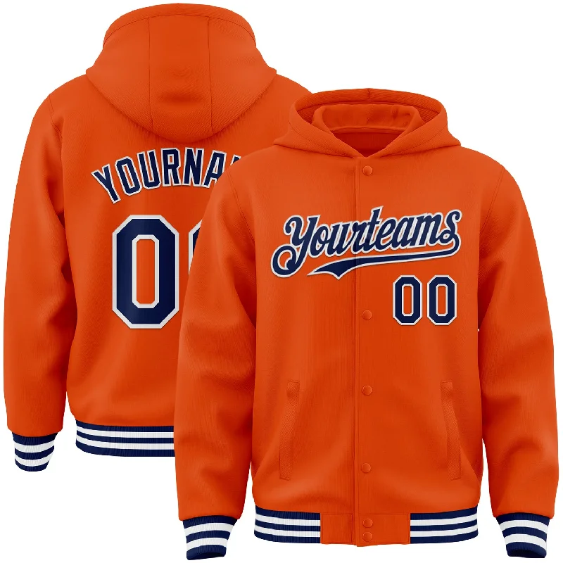 Athletic Hooded Sweatshirt for Gym Workouts-Custom Orange Navy-White Bomber Full-Snap Varsity Letterman Hoodie Jacket