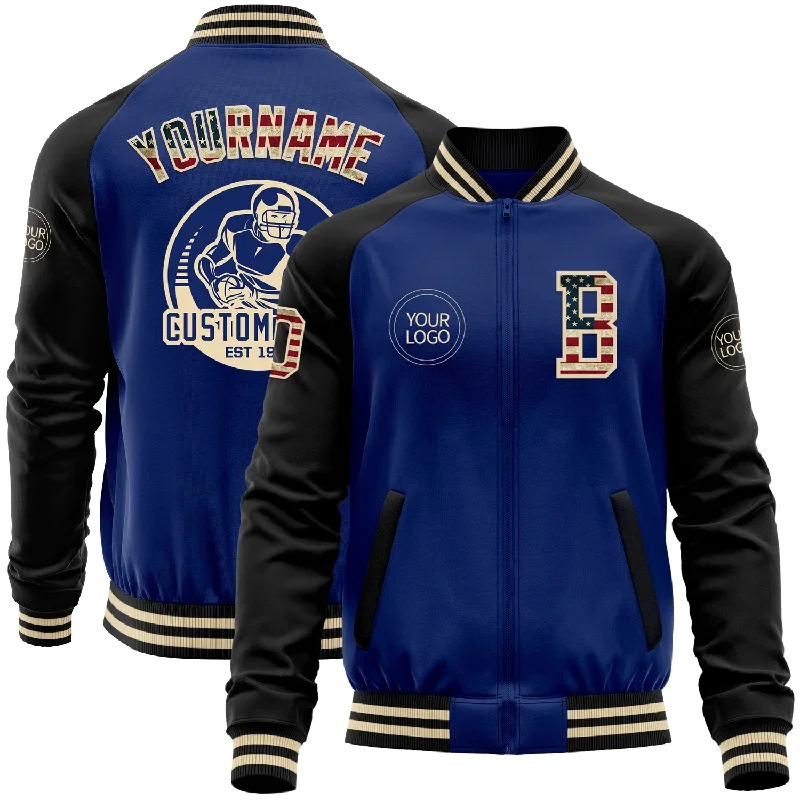 Warm Down Jacket for Winter Sports-Custom Royal Vintage USA Flag Cream-Black Bomber Varsity Letterman Two Tone Zipper Jacket