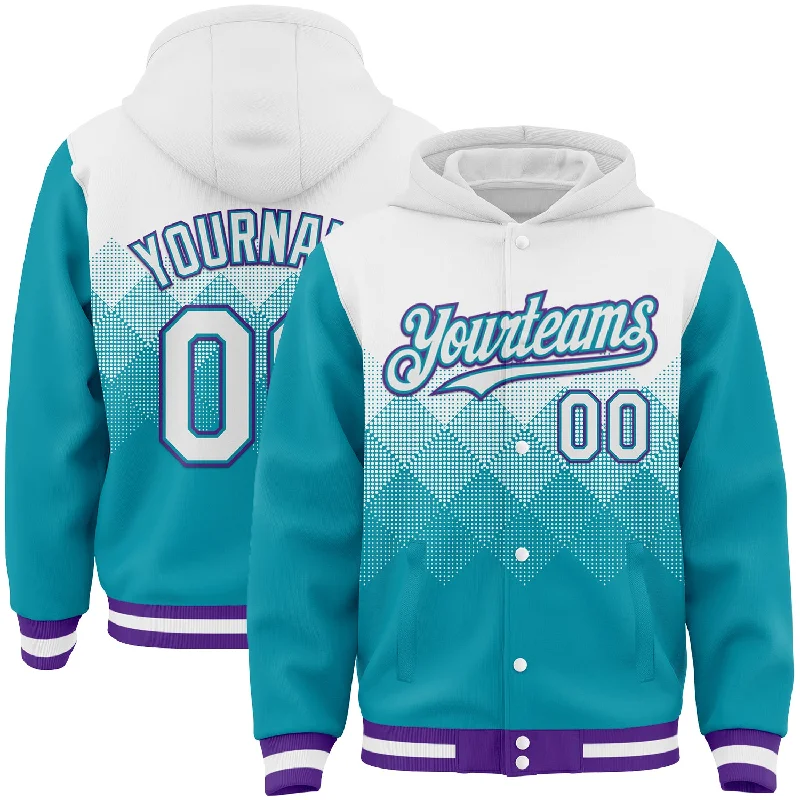 Classic Hoodie with Kangaroo Pocket for Convenience-Custom White Teal-Purple Gradient Square Shape 3D Pattern Design Bomber Full-Snap Varsity Letterman Hoodie Jacket