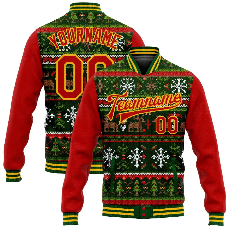 Stylish Peacoat Jacket for Cold Weather Fashion-Custom Green Red-Gold Christmas 3D Bomber Full-Snap Varsity Letterman Jacket