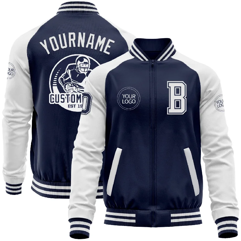 Modern Zip-Up Jacket for Stylish Comfort-Custom Navy White Bomber Varsity Letterman Two Tone Zipper Jacket