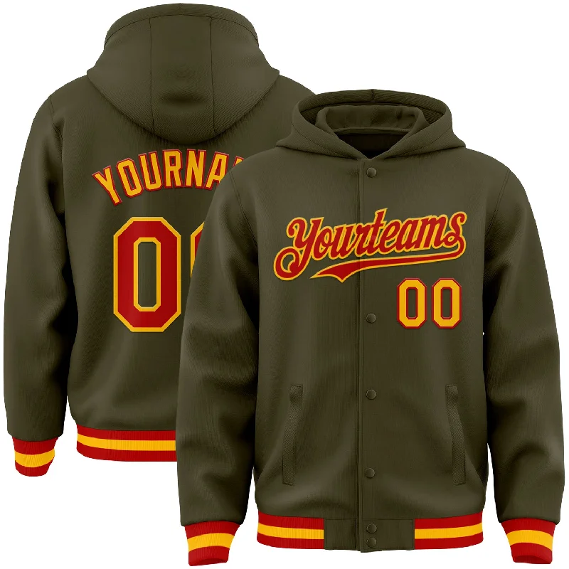 Classic Black Hoodie for Timeless Wear-Custom Olive Red-Gold Bomber Full-Snap Varsity Letterman Salute To Service Hoodie Jacket