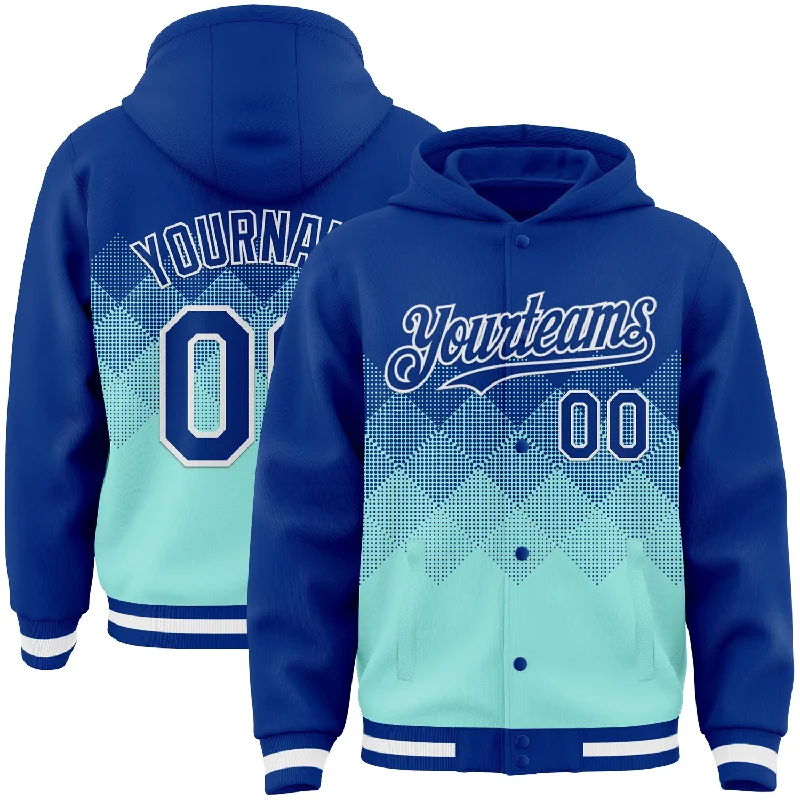 Performance Hoodie for Workout Sessions-Custom Royal Ice Blue-White Gradient Square Shape 3D Pattern Design Bomber Full-Snap Varsity Letterman Hoodie Jacket