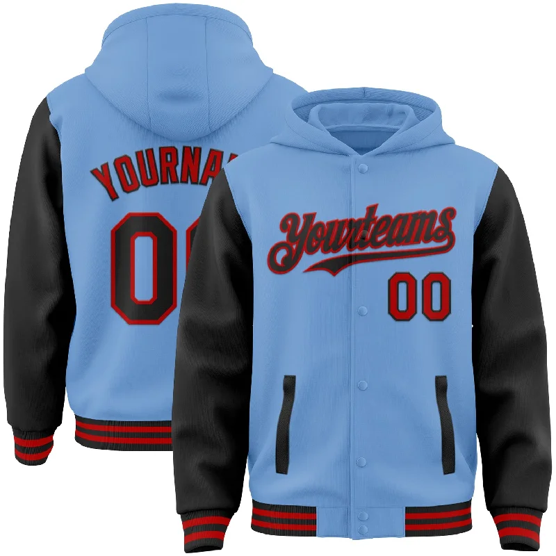 Graphic Hoodie for Bold and Fun Designs-Custom Light Blue Black-Red Bomber Full-Snap Varsity Letterman Two Tone Hoodie Jacket