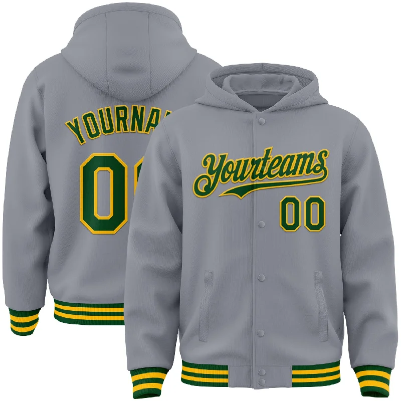 Functional Workout Hoodie for Athletes-Custom Gray Green-Gold Bomber Full-Snap Varsity Letterman Hoodie Jacket