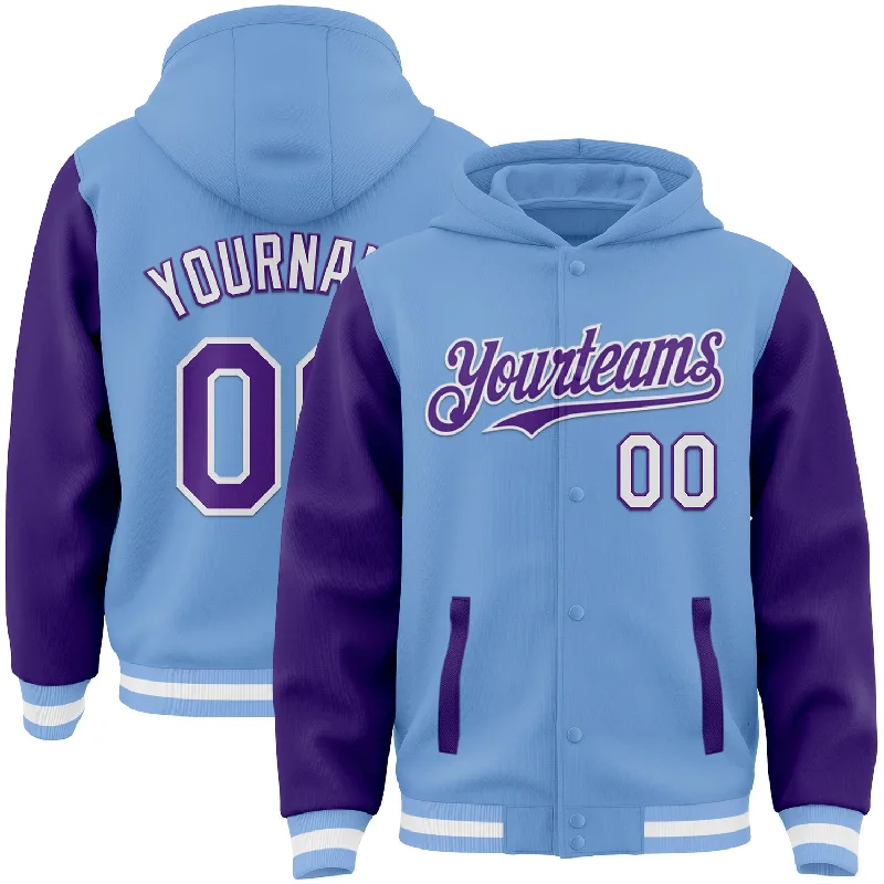 Cozy Pullover Hoodie for Relaxed Weekend Wear-Custom Light Blue Purple-White Bomber Full-Snap Varsity Letterman Two Tone Hoodie Jacket