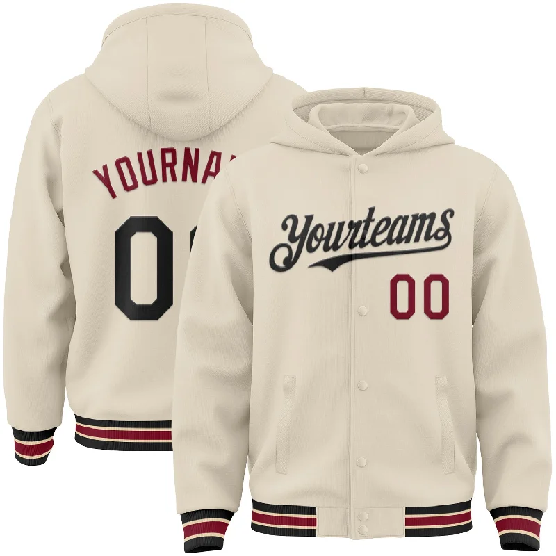 Personalized Hoodie for Custom Style-Custom Cream Black Crimson-City Cream Bomber Full-Snap Varsity Letterman Hoodie Jacket