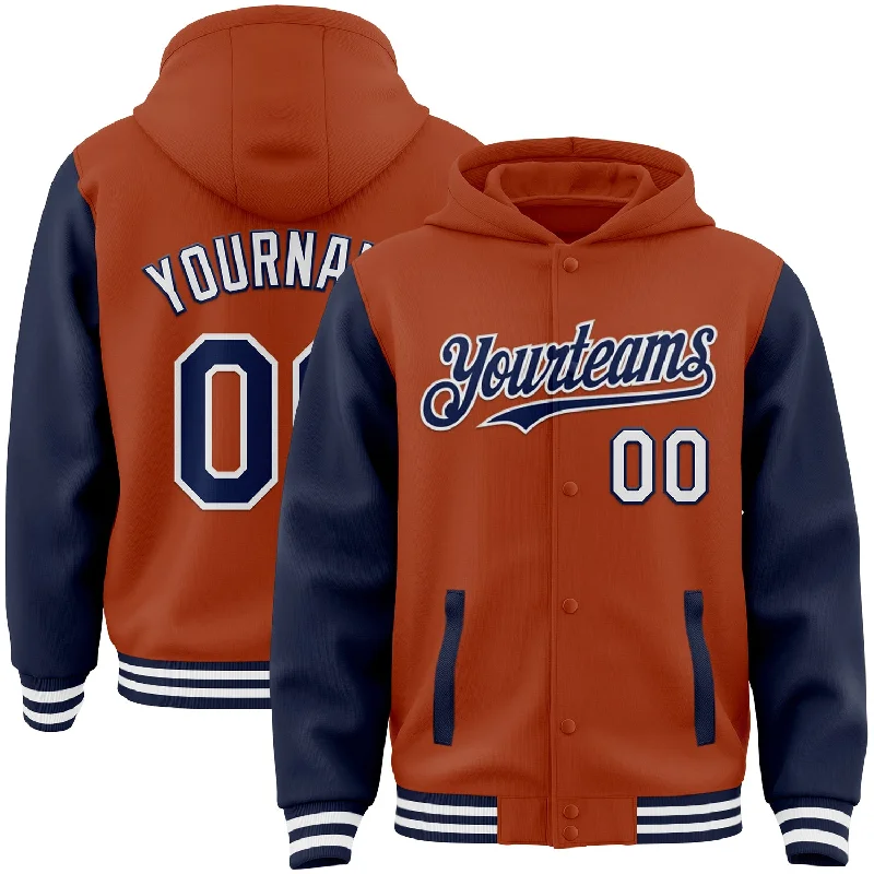 Stylish Hooded Sweatshirt for Casual Looks-Custom Texas Orange Navy-White Bomber Full-Snap Varsity Letterman Two Tone Hoodie Jacket