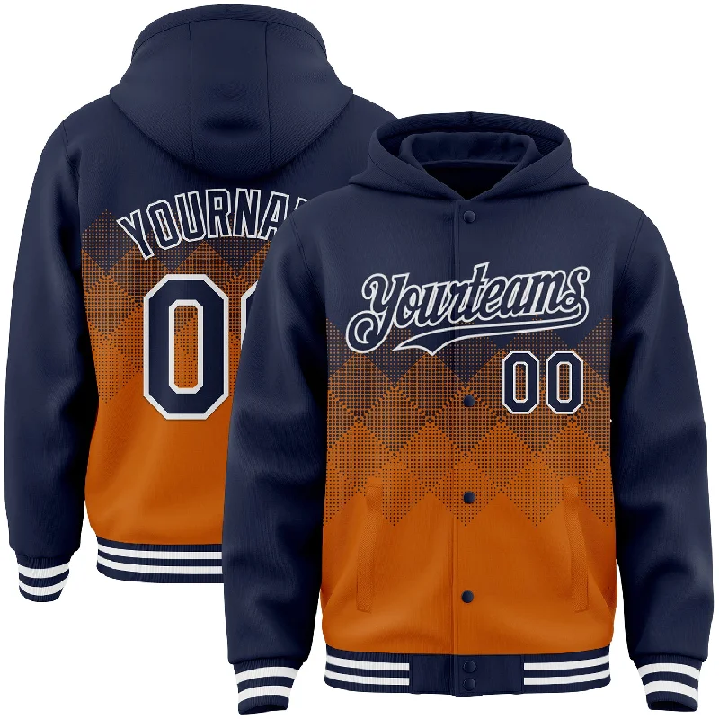 High-Performance Athletic Hoodie for Active Wear-Custom Navy Texas Orange-White Gradient Square Shape 3D Pattern Design Bomber Full-Snap Varsity Letterman Hoodie Jacket