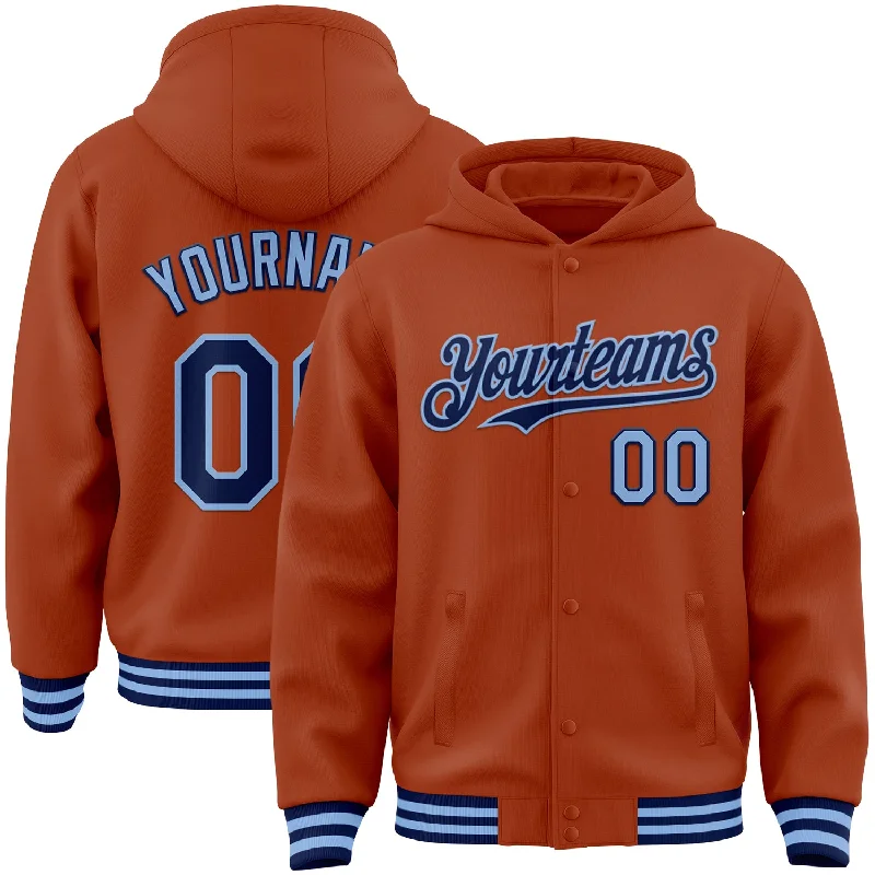 Heavyweight Hoodie for Cold Winter Days-Custom Texas Orange Navy-Light Blue Bomber Full-Snap Varsity Letterman Hoodie Jacket