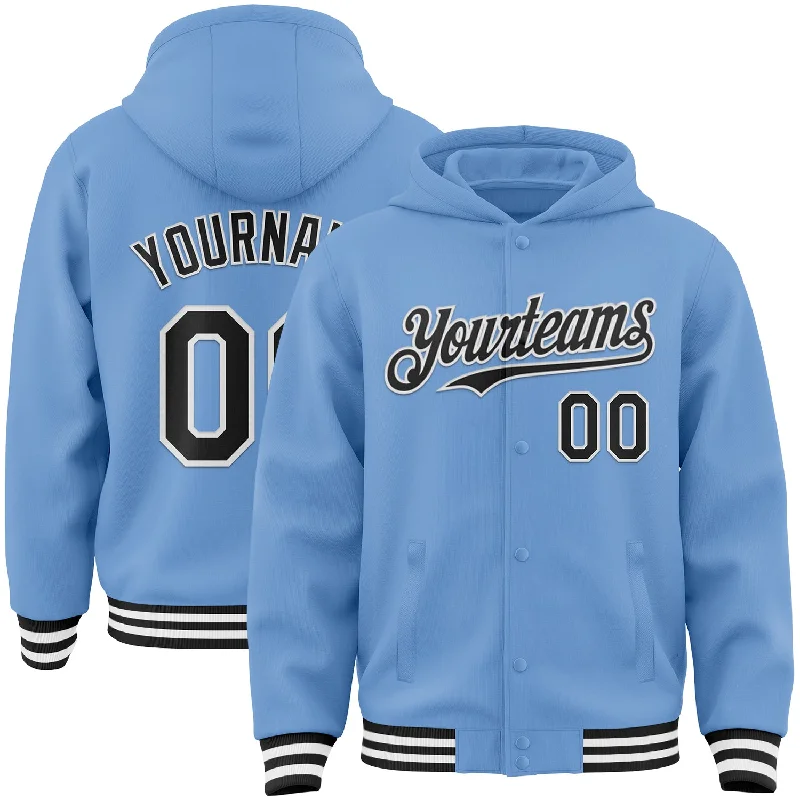 High-Quality Performance Hoodie for Fitness Enthusiasts-Custom Light Blue Black-White Bomber Full-Snap Varsity Letterman Hoodie Jacket