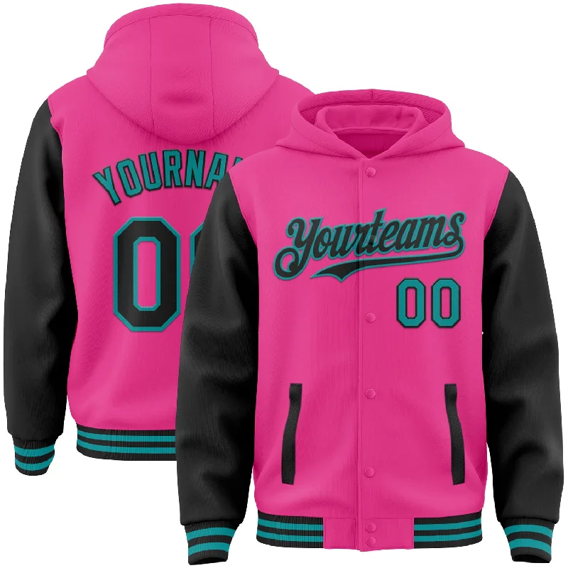 Soft Pullover Hoodie for Cold Weather Style-Custom Pink Black-Teal Bomber Full-Snap Varsity Letterman Two Tone Hoodie Jacket