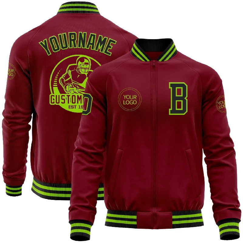 Casual Zip-Up Jacket for Easygoing Wear-Custom Crimson Black-Neon Green Bomber Varsity Letterman Zipper Jacket