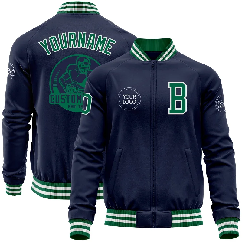 Athletic Zip-Up Jacket for Workout Gear-Custom Navy Kelly Green-White Bomber Varsity Letterman Zipper Jacket