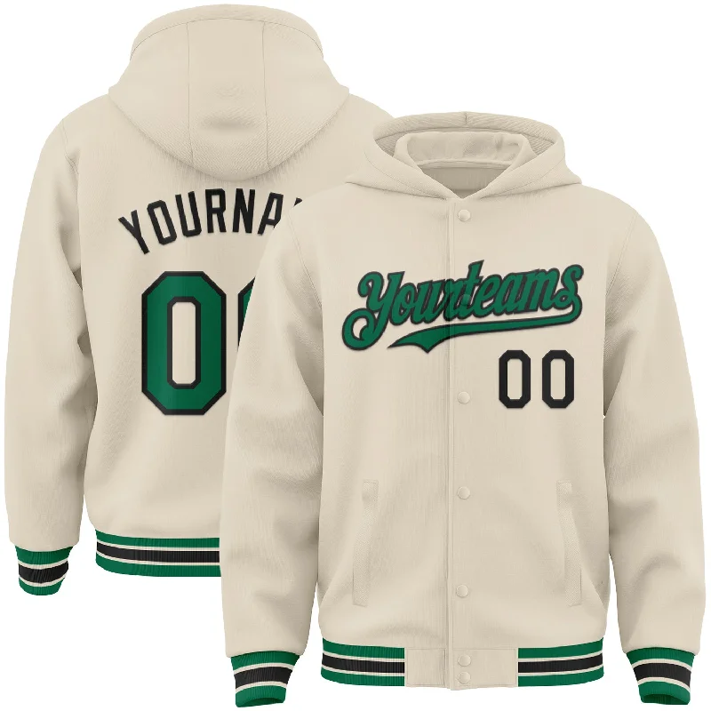 Fashion Hoodie for Trendsetters-Custom Cream Kelly Green-Black Bomber Full-Snap Varsity Letterman Hoodie Jacket