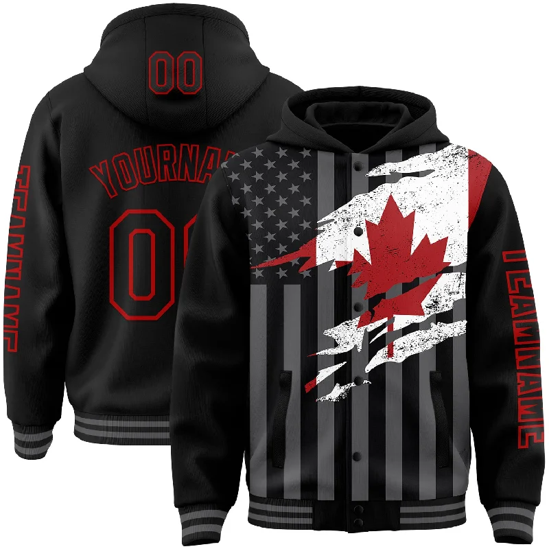 Soft and Breathable Hoodie for All-Day Wear-Custom Black Red-Gray Canada Canadian Flag 3D Bomber Full-Snap Varsity Letterman Hoodie Jacket