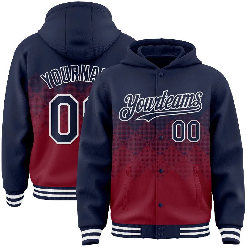 Elegant Hooded Sweatshirt for Classy Casual Wear-Custom Navy Crimson-White Gradient Square Shape 3D Pattern Design Bomber Full-Snap Varsity Letterman Hoodie Jacket