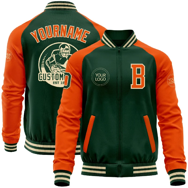 Stylish Peacoat Jacket for Cold Weather Fashion-Custom Green Orange-Cream Bomber Varsity Letterman Two Tone Zipper Jacket