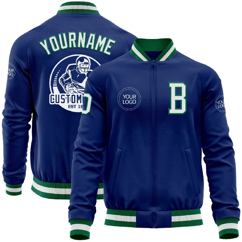 Winter Snowboard Jacket for Cold Weather Sports-Custom Royal White-Kelly Green Bomber Varsity Letterman Zipper Jacket